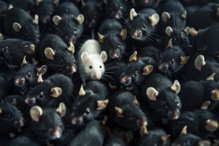 White mouse in a large group of black rodentsの素材