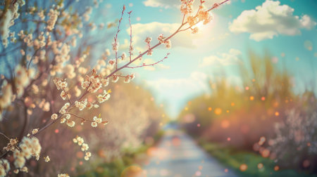 Spring landscape. Beautiful nature with flowering willow branches and a pathの素材