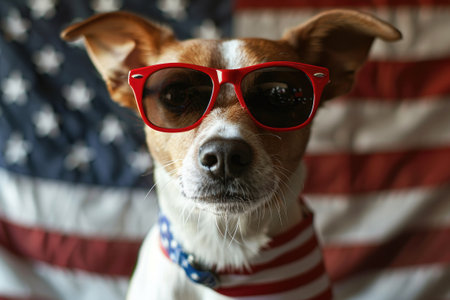 A dog wearing sunglasses and an American flagの素材
