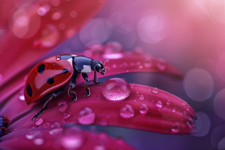 A ladybug sitting on a red flower on a blurred backgroundの素材