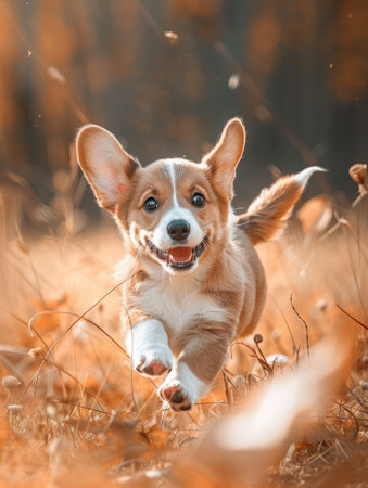 Cute small welsh corgi pembroke puppy running outdoor in autumn field. Happy smiling dog. Funny petの素材