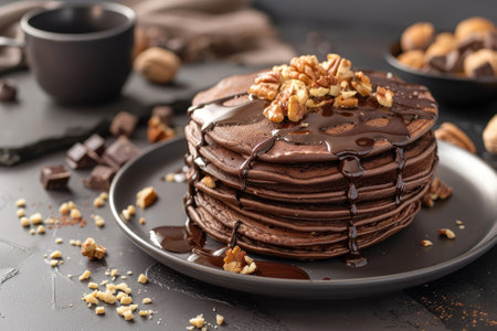 Delicious chocolate pancakes decorated with nutsの素材