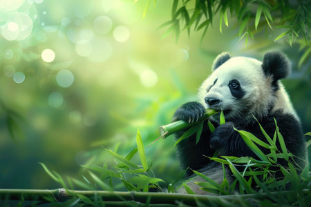 Panda chewing bamboo in bamboo forest on blurred backgroundの素材