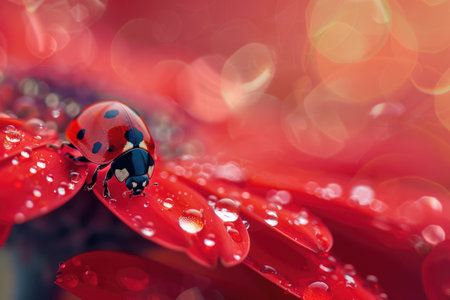 A ladybug sitting on a red flower on a blurred backgroundの素材
