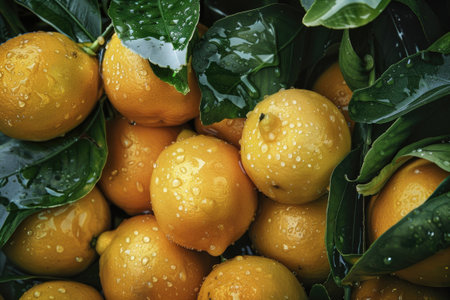Ripe wet lemons lying in a pile with green leaves. Harvestingの素材