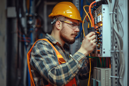 Professional electrician man works in a switchboard with an electrical connecting cable, Electrician repairingの素材