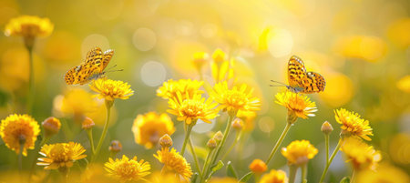 Butterflies on wild yellow flowers in sunlightの素材