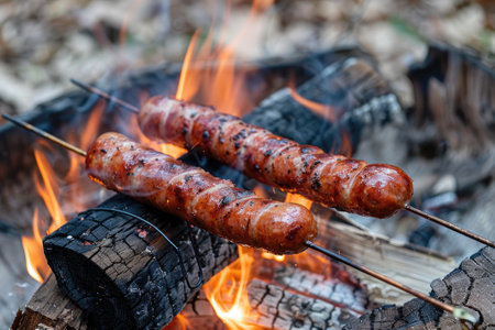 Roasted sausages on a stick over the open campfire. Outdoor food preparation.の素材