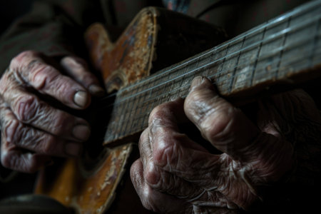 Hands of old musician playing guitarの素材