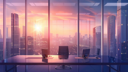Panorama view inside office in skyscraper. Beautiful modern office in skyscraper.の素材