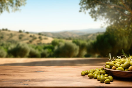 Old wooden table for product display with natural green olive field and green olivesの素材