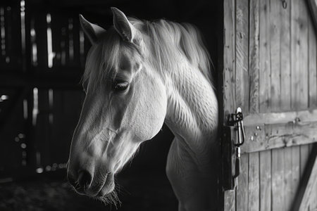 Close-up of a white horse inside his stableの素材