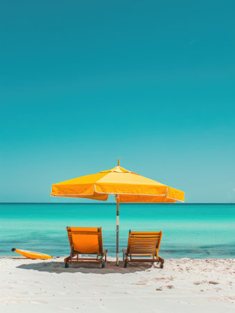 Beach chairs and umbrella on a white sandy beach.の素材