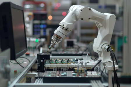 Robotic arm for electronic assembly line. Smart modern factory automation using advanced machines.の素材