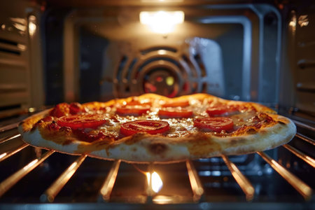 Tasty homemade pizza cooking in an oven at home.の素材