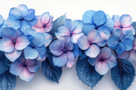 Blue hydrangea flowers with subtle pink accents on a stark white backgroundの素材