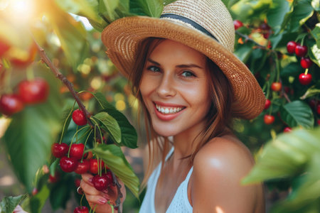 Beautiful woman enjoying picking up cherries in green orchard.の素材