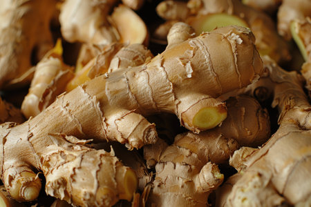 Ginger root and ginger slice. Fresh ginger root and ground ginger spice.の素材