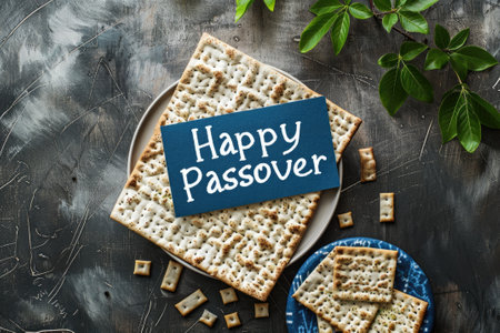 Matzah crackers with the phrase Happy Passover spell out a greeting for the Jewish holidayの素材