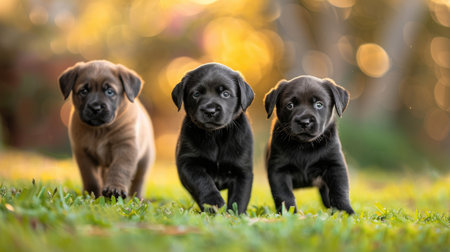 Three puppies walking together on grassの素材