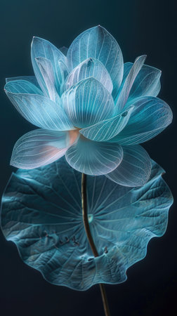 Iridescent close-up of a lotus flower on a black backgroundの素材