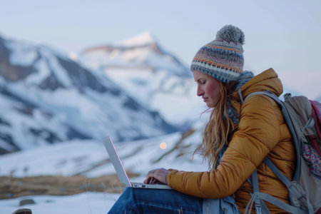 Woman working on laptop in snowy mountainsの素材