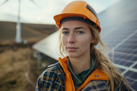 Female engineer with helmet near solar panelsの素材