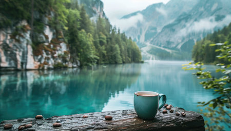 Idyllic mountain scenery with a coffee cupの素材