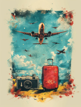 Vibrant artwork of plane and travel iconsの素材
