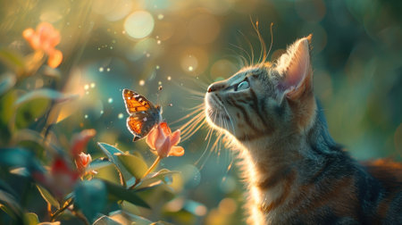 Cat gazing at a fluttering butterflyの素材