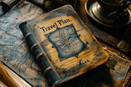 Vintage Travel Plan leather book on a rustic tableの素材