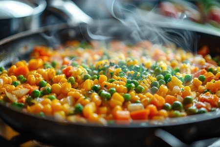 Corn, peas and carrot in a frying panの素材