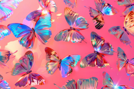 A vibrant montage of holographic butterflies against a pink backdrop illustrates the beauty of nature rendered in digital art styleの素材