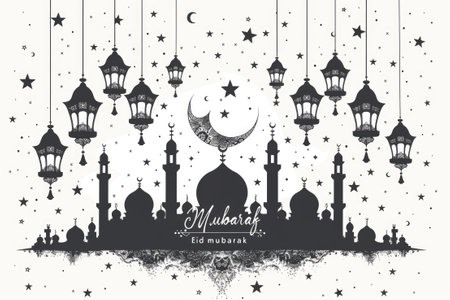 Eid Mubarak design, with a black and white theme featuring an outline of a mosque, stars and lanterns hanging on topの素材