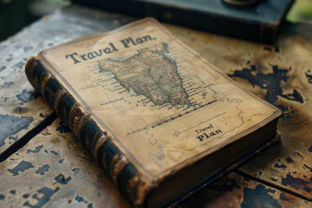 Vintage Travel Plan leather book on a rustic tableの素材