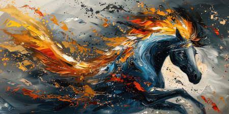 Horse running, depicted with dynamic brush strokes and a vivid color palette on canvasの素材