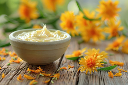 Calendula cream and calendula flowersの素材