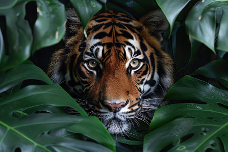 A majestic tiger staring intently from behind lush green tropical leavesの素材