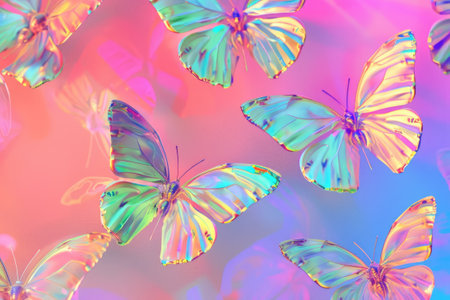 A vibrant montage of holographic butterflies against a pink backdrop illustrates the beauty of nature rendered in digital art styleの素材