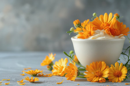 Calendula cream and calendula flowersの素材