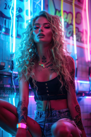 Portrait of a young blonde woman with tattoos looking at the camera, illuminated by vibrant pink and blue neon lightsの素材