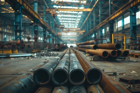 Steel pipes inside the factory or warehouse. Industrial productionの素材