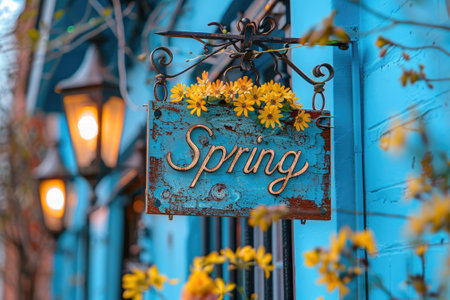 A rustic blue wooden sign reading 'spring' adorned with fresh yellow flowers against a blue backdropの素材