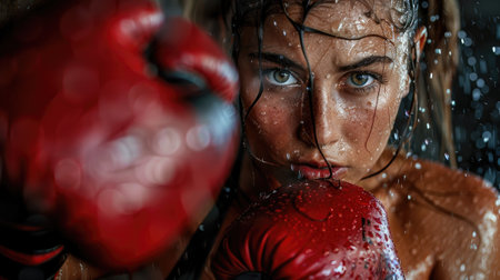 Intensive boxing training, female boxer with glovesの素材