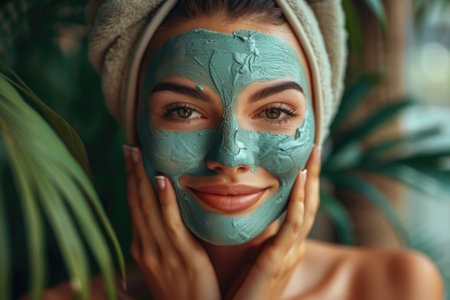 Woman with facial clay mask and towel in spa centerの素材