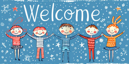 Stick figures holding the word Welcome. Illustrated banner with the text Welcomeの素材