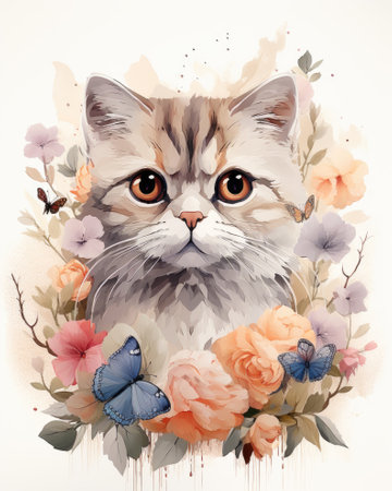 Illustration of a blue-eyed cat surrounded by a vibrant splash of abstract floral elements in bright colorsの素材