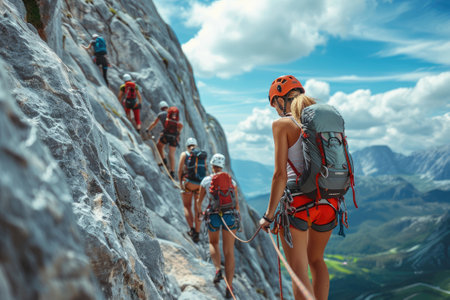 Woman and group of other people climbing on steep rock face on via ferrata. Climbers on via ferrata climbing route. Summer adventure mountain activity.の素材
