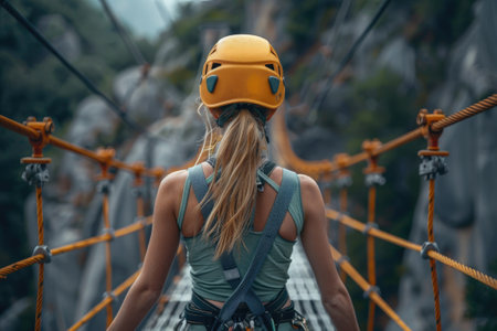 Woman with helmet, harness. Walking on a bridge. Doing via ferrata.の素材