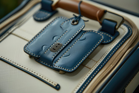 A blue luggage tag is attached to the suitcaseの素材